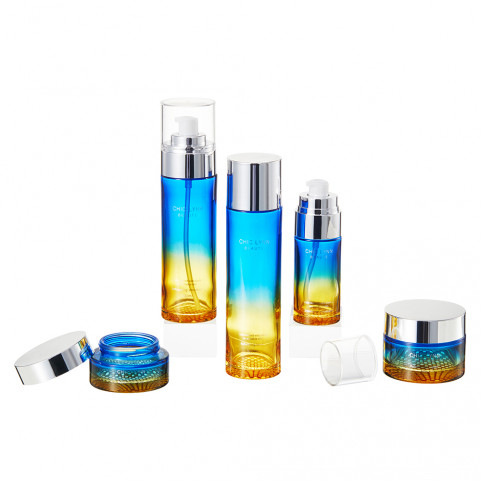 Factory Stocks 100ml 50g 30g Skincare Packaging Blue Yellow Glass Jars with Screw Cap for Day Cream Blue Glass Bottle Set