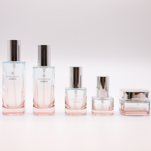 Factory Wholesale Cherry pink Color Lotion Bottle Cream Bottle Cosmetic Set Electroplated Glass Cosmetic Cream Jars Glass Bottle