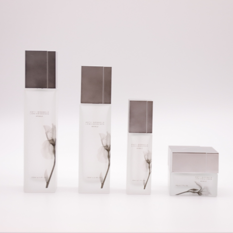 Semi Transparent Square Matte White Glass Cosmetic Lotion Bottle Screw Cap Empty for Skincare Packaging Cream Jar for Skincare