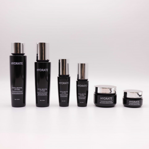 Luxury Black Cosmetic Packing Set Screen Printing Frosted Glass Serum Dropper Bottles with Screw Cap Sealant Cosmetic Packaging