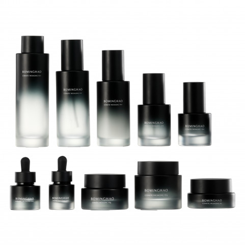 Wholesale Custom Black Gradient Transparent Cosmetic Packaging Jars Skincare Pump Bottle Face Cream Lotion Glass Skin Care Serum