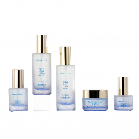 Custom Fat Flat Shoulder Light Blue Glass 30ml Cosmetic Bottle Dropper 30 Ml Serum Bottle Cosmetic Glass Bottle Set
