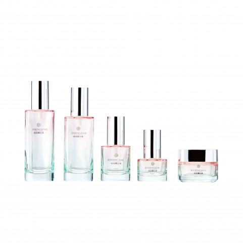 Factory Price Cherry pink Color Lotion Bottle Cream Bottle Cosmetic Set Electroplated Glass Cosmetic Cream Jars Glass Bottle Set