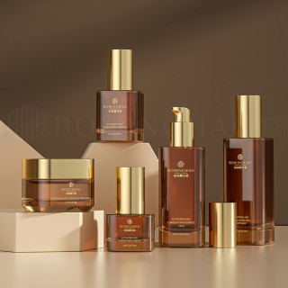 Luxury Cosmetic Glass Packaging Container 30ml 50ml 100ml 150ml Serum Bottle Lotion Matte Tan Glass Pump Brown Dark Green Bottle #1