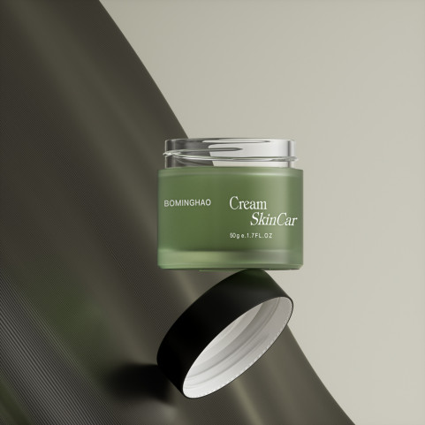 OEM ODM Luxury Flat Shape 20g 50g 100ml Empty Olive Green Glass Cosmetic Cream Jars with Plastic Lids Skincare Bottle Set
