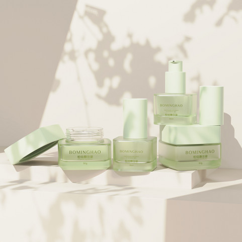 Luxury Cosmetic Glass Packaging Container Bottle 30ml 100ml Serum Lotion Matte Clear Flat Glass Pump Dropper Green Glass Bottle